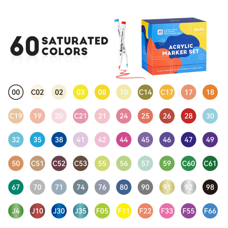 Arrtx Paint Pens 60 Regular Colors Acrylic Marker Brush Tip Art Supplies 60A