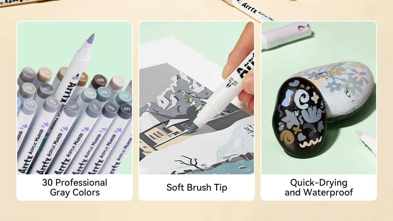 Arrtx 30E Grey Tone Colors Brush Tip Acrylic Paint Markers